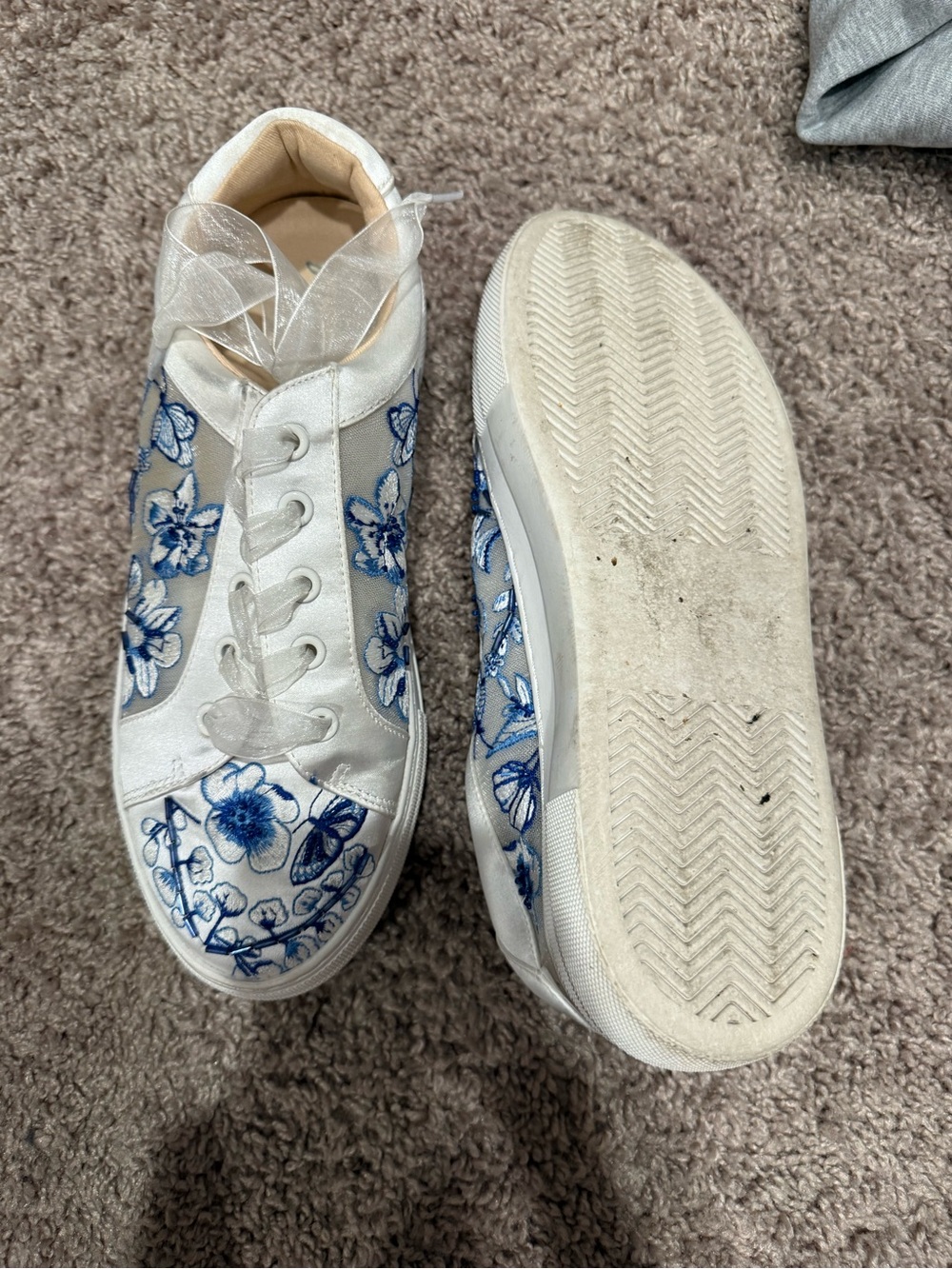 Betsey Johnson White Satin Sneakers with Blue Floral Embroidery - Picture 3 of 3